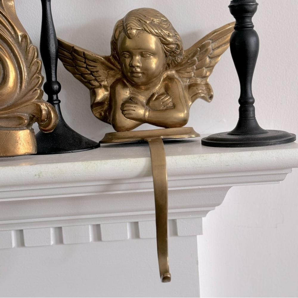 Vintage Xlarge heavy brass cherub stocking holder- shelf sitting hook